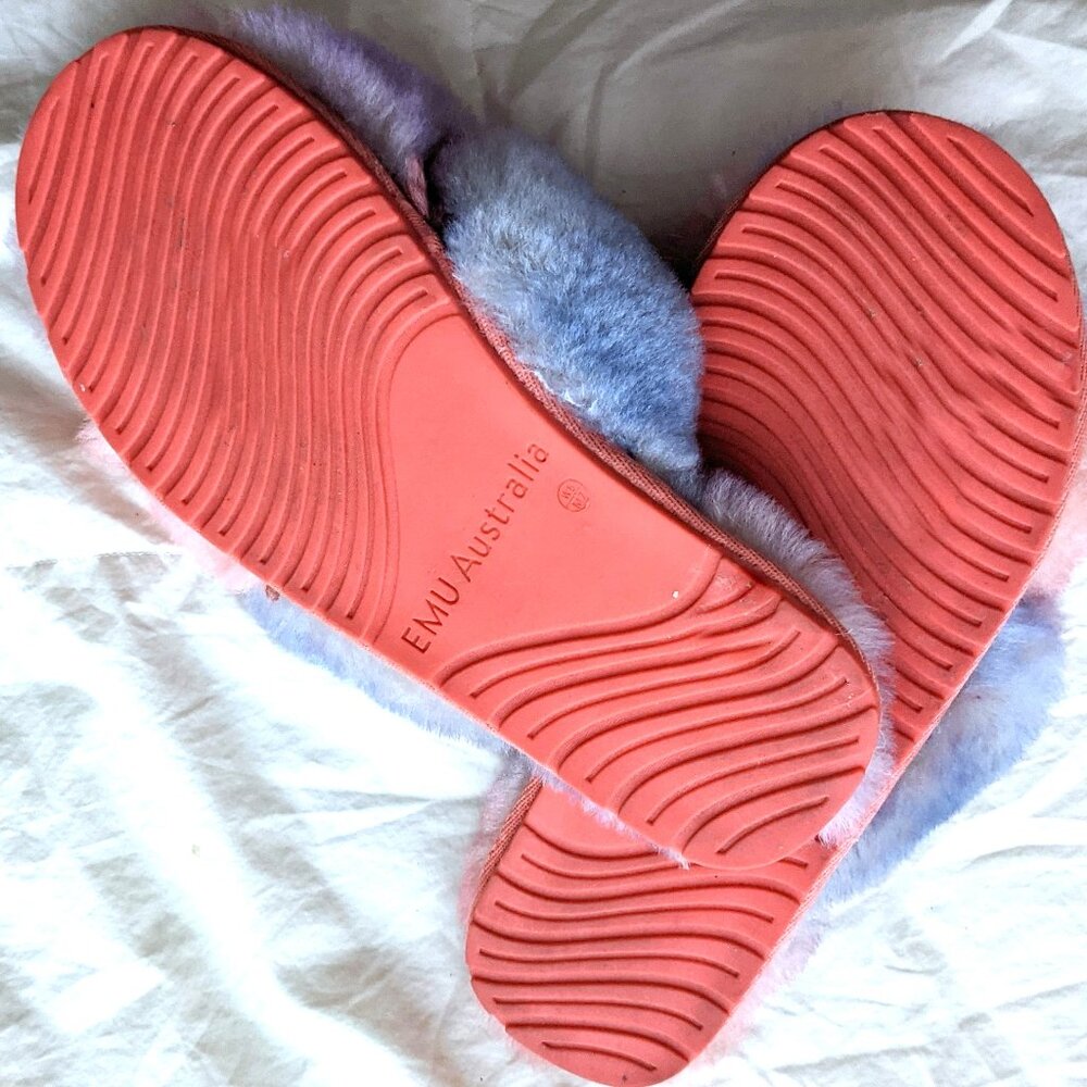 EMU Australia Pink Purple Sheepskin Fluffy Slides Slippers Size W8 M7 - Picture 6 of 7